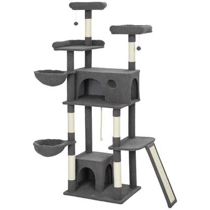 Arbre à chat tour de jeux pour chat avec griffoir 3 lits 2 niches plateformes et 3 jouets suspendus hauteur 174 cm gris-0