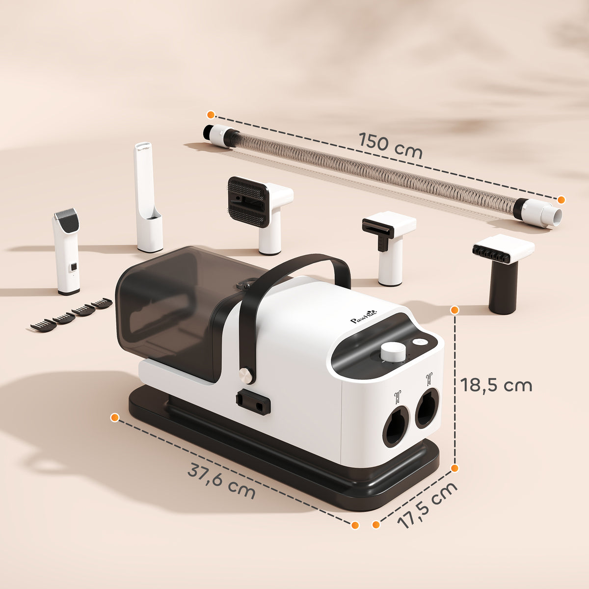 Aspirateur poil de chien et séchoir 5-en-1 kit toilettage chien professionnel 12kPa  50dB 37,6x17,5x18,5cm blanc