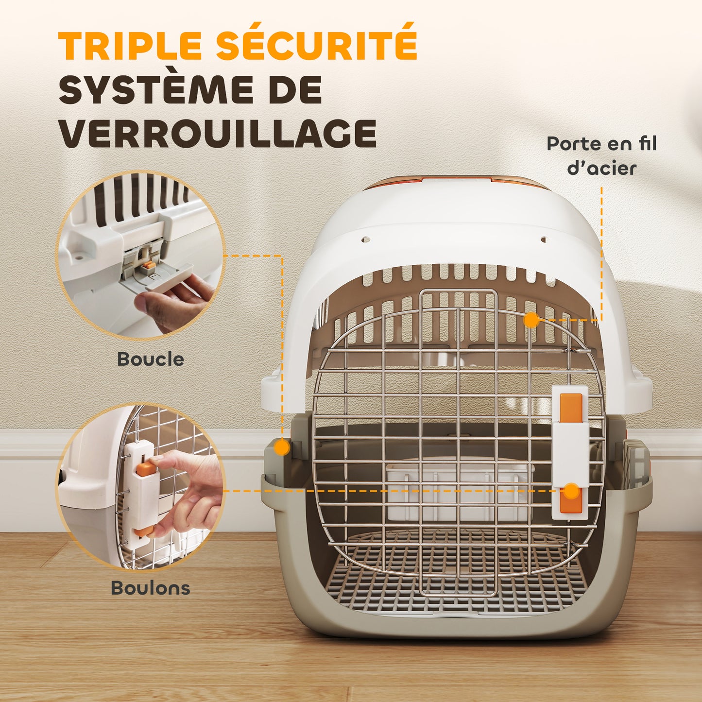 Caisse de transport chat et chien, cage de transport avec porte acier, bol de nourriture, 49 x 32 x 31 cm, gris et crème