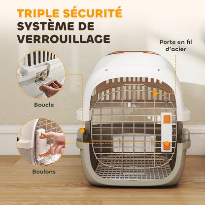 Caisse de transport chat et chien, cage de transport avec porte acier, bol de nourriture, 49 x 32 x 31 cm, gris et crème