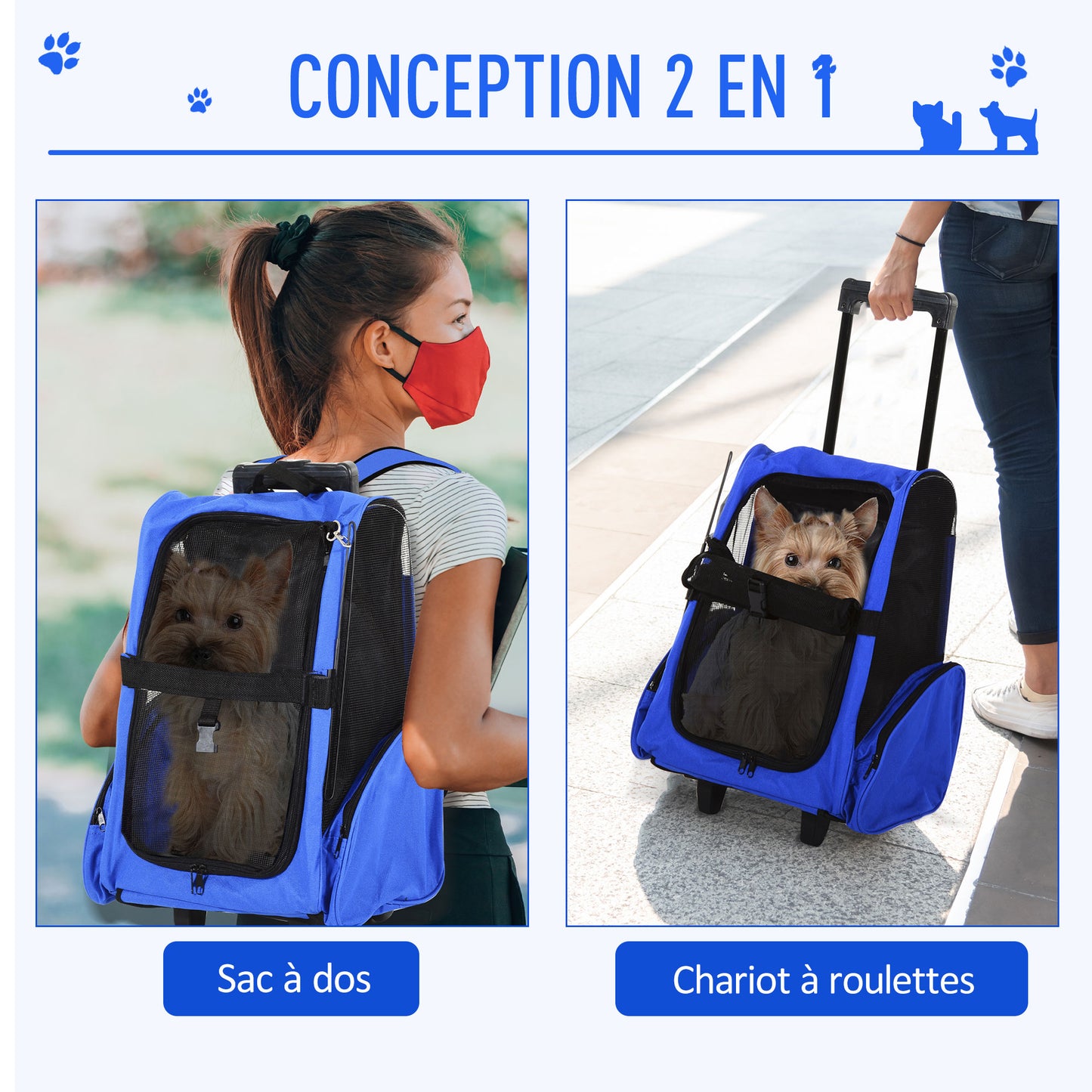Sac de transport à roulettes pour chien 2 en 1 trolley chariot sac à dos pour chien chat avec poignée téléscopique, sacs de rangement, aérations, attache de sécurité, 42 x 25 x 55 cm, bleu-3