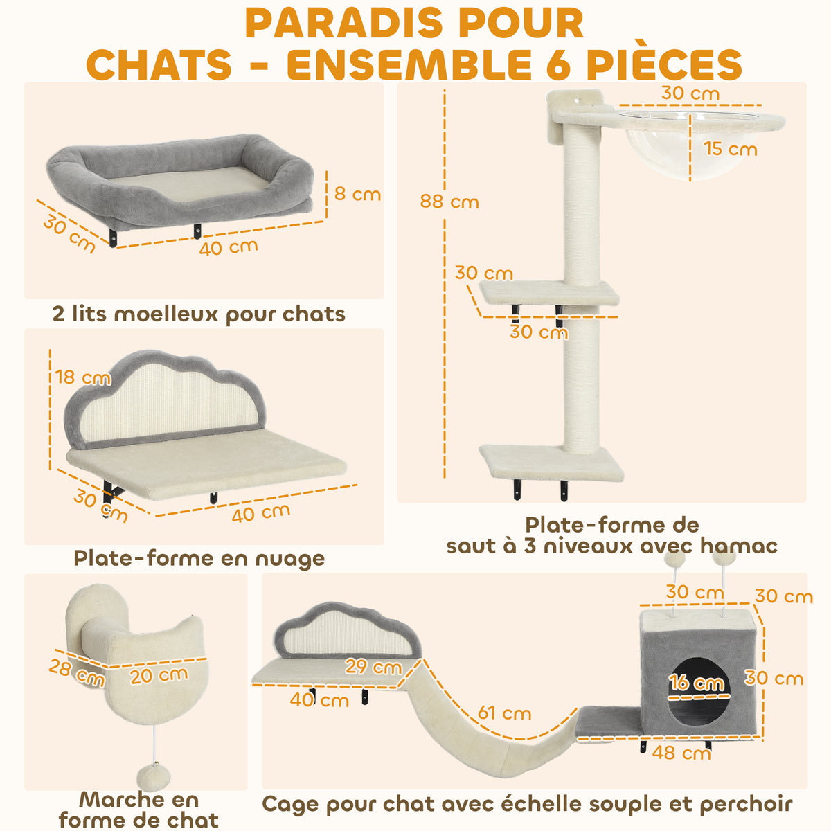 Étagères murales pour chat ensemble de meubles muraux 6 pièces hamac à bulles en acrylique niche hamac échelle beige-2