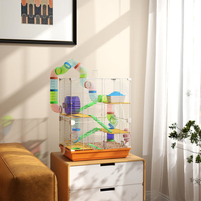 Cage pour hamster et gerbille à 5 étages, habitat sécurisé en grillage métallique avec tunnels, roue, maison et échelles, 46 x 30 x 58 cm, orange-1