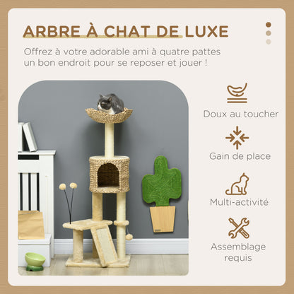 Arbre à chat hauteur 116 cm niche panier plateformes pompons en peluche et jacinthe d'eau - beige-3