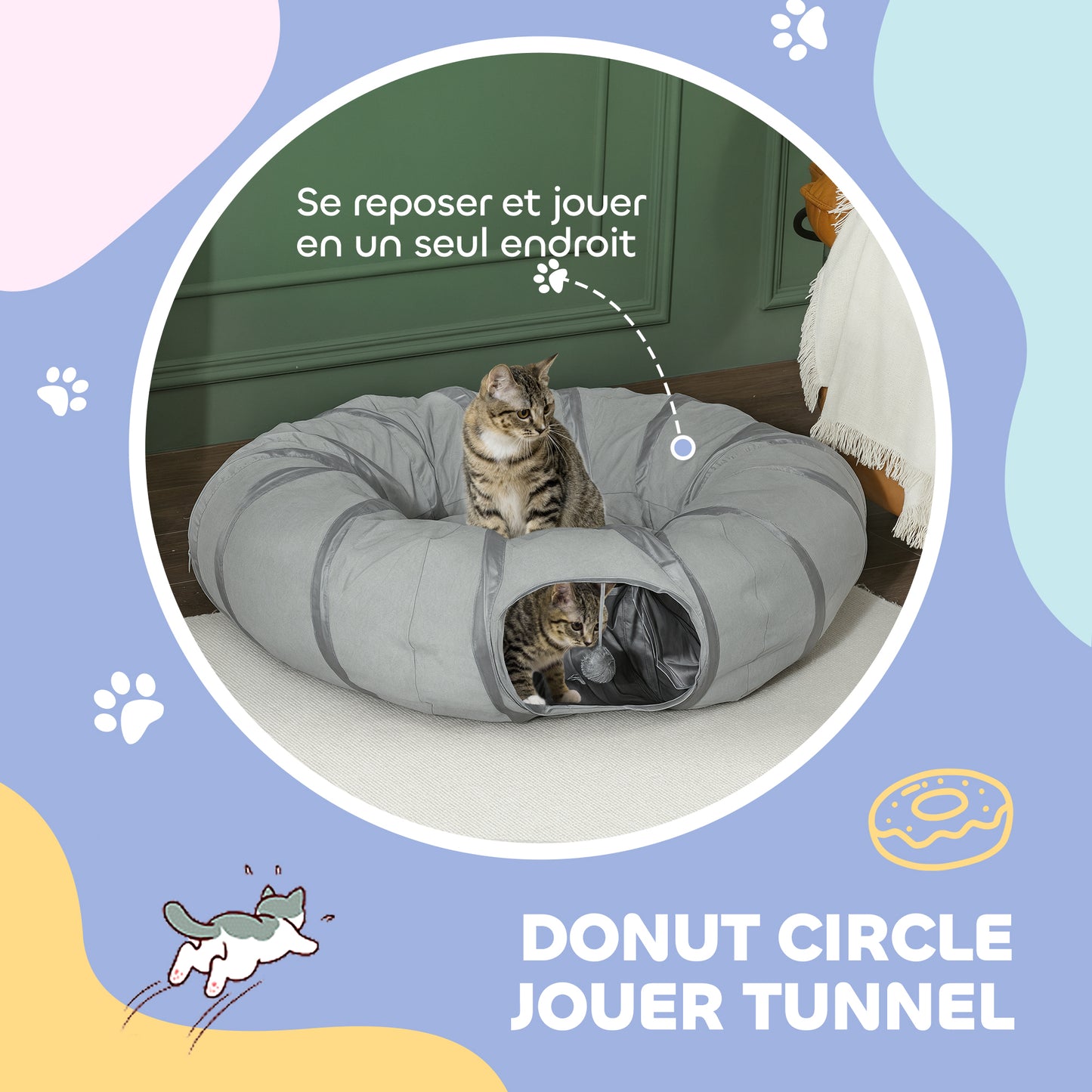 Tunnel pour chat intérieur rond tunnel avec lit et coussin, pliable, avec trous pour balles et judas, Ø 90 x 27 cm gris-3