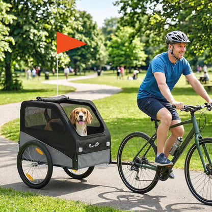 Remorque Vélo Chien avec Pneus 20", Attache Universelle, Réflecteurs, Drapeau, Laisse, 139x72x88cm, Gris et Noir-1