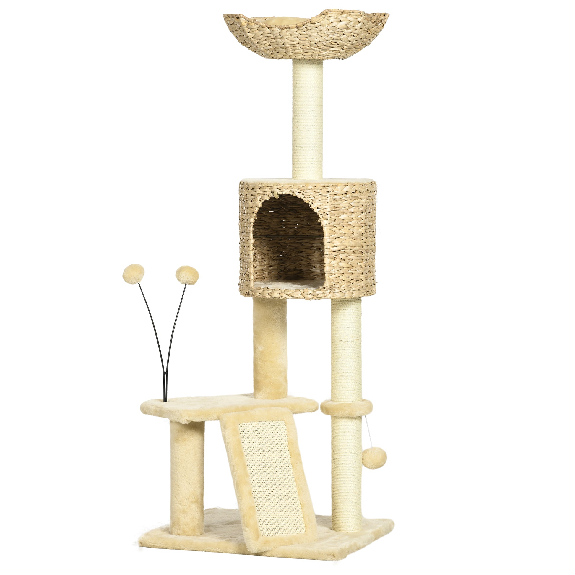 Arbre à chat hauteur 116 cm niche panier plateformes pompons en peluche et jacinthe d'eau - beige-0