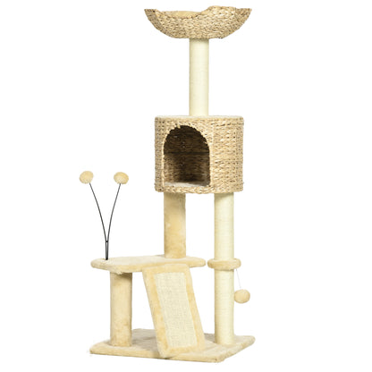 Arbre à chat hauteur 116 cm niche panier plateformes pompons en peluche et jacinthe d'eau - beige-0