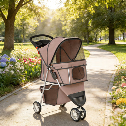 Poussette pour Chien 4 Roues, Chariot Pliable avec Auvent Réglable, Panier de Rangement, 77x44x102cm, Café-1