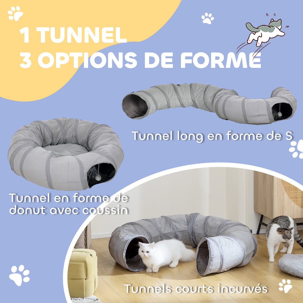 Tunnel pour chat intérieur rond tunnel avec lit et coussin, pliable, avec trous pour balles et judas, Ø 90 x 27 cm gris-4