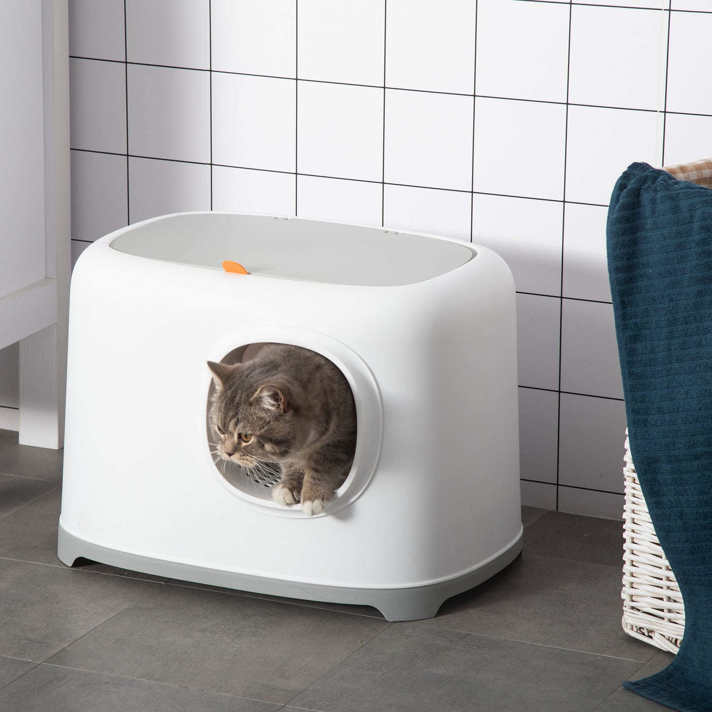 Bac à litière pour chat maison de toilette fermée avec couvercle et pelle, Plastique (PP), 55L x 40l x 39H cm, blanc-1