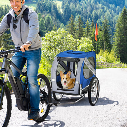 Remorque vélo pour chien animaux 8 réflecteurs drapeau barre attelage inclus 130 x 73 x 90 cm blanc et bleu-1