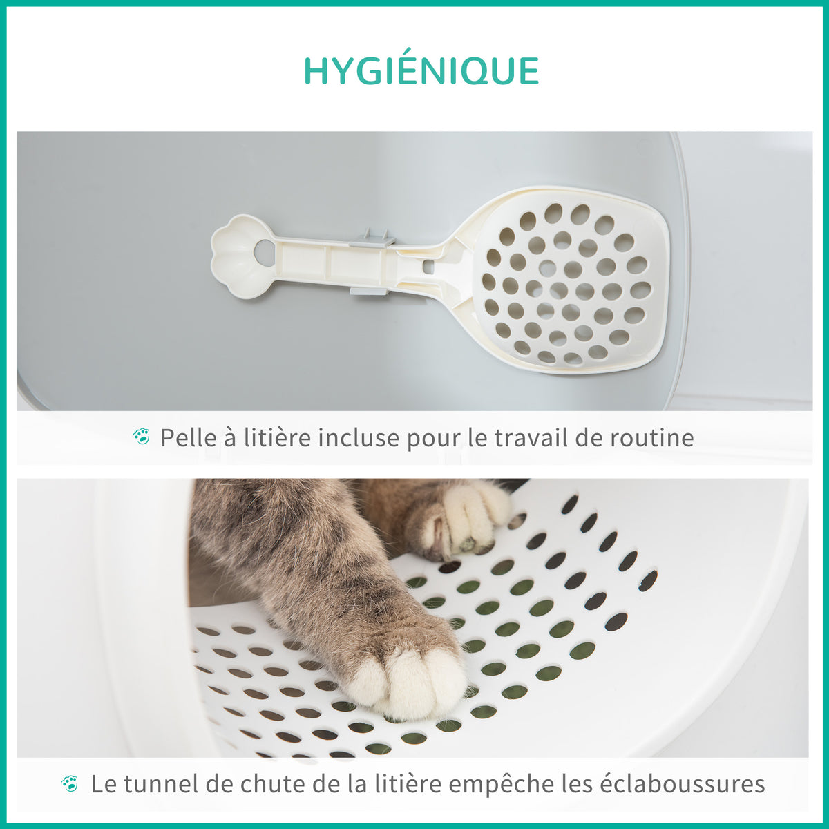 Bac à litière pour chat maison de toilette fermée avec couvercle et pelle, Plastique (PP), 55L x 40l x 39H cm, blanc-3