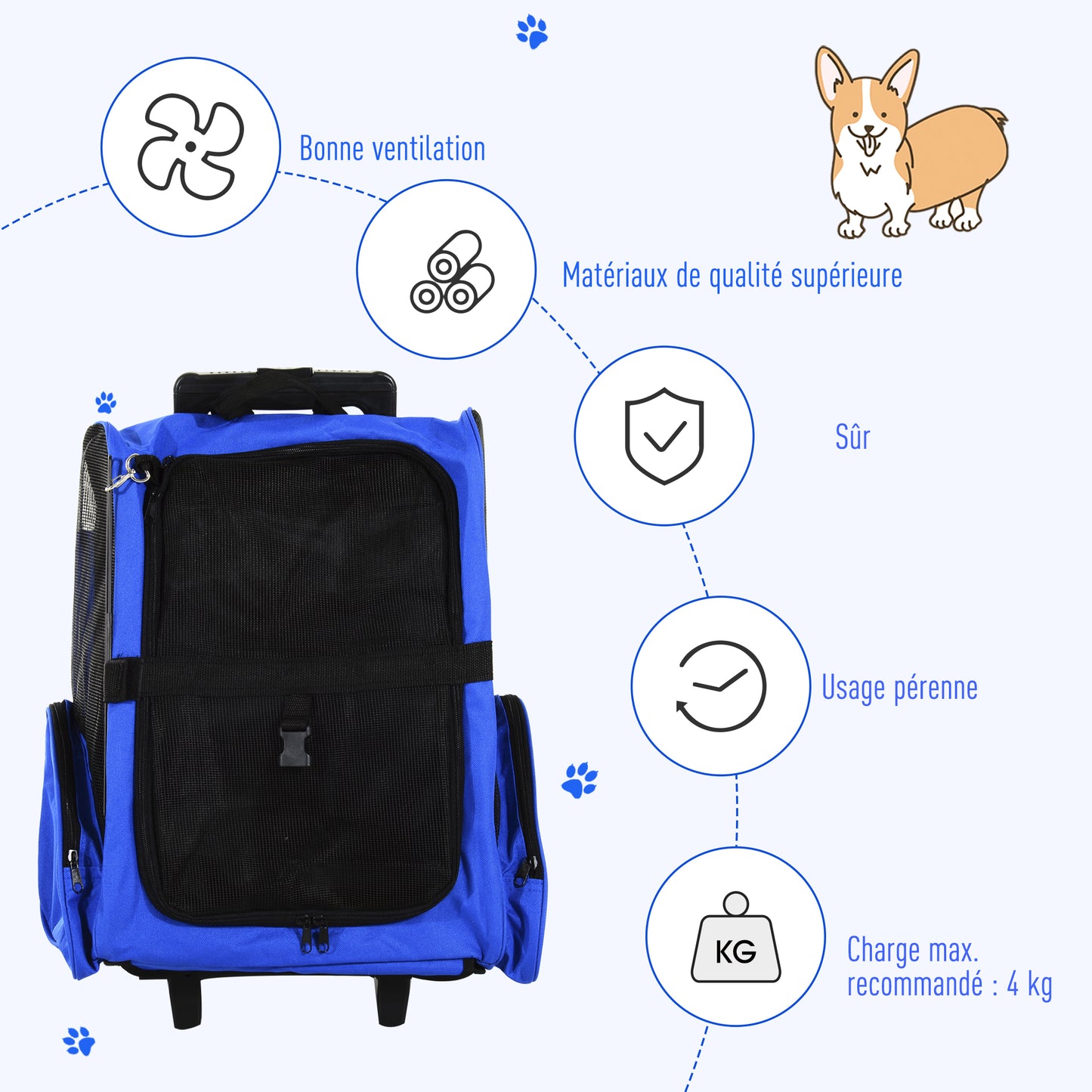 Sac de transport à roulettes pour chien 2 en 1 trolley chariot sac à dos pour chien chat avec poignée téléscopique, sacs de rangement, aérations, attache de sécurité, 42 x 25 x 55 cm, bleu-5