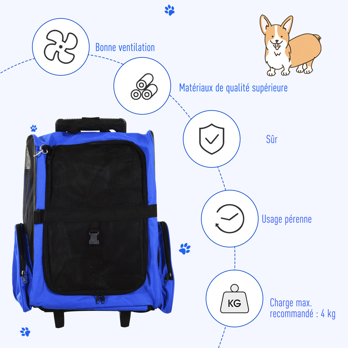 Sac de transport à roulettes pour chien 2 en 1 trolley chariot sac à dos pour chien chat avec poignée téléscopique, sacs de rangement, aérations, attache de sécurité, 42 x 25 x 55 cm, bleu-5