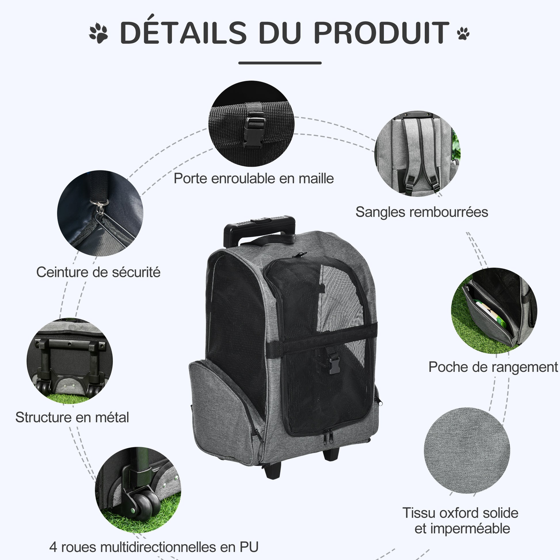 Sac de transport à roulettes pour chien 2 en 1 trolley chariot sac à dos pour chien chat avec poignée téléscopique, sacs de rangement, aérations, attache de sécurité, 42 x 25 x 55 cm, gris-5