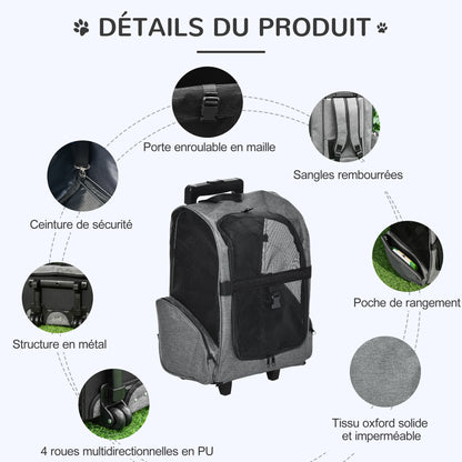 Sac de transport à roulettes pour chien 2 en 1 trolley chariot sac à dos pour chien chat avec poignée téléscopique, sacs de rangement, aérations, attache de sécurité, 42 x 25 x 55 cm, gris-5