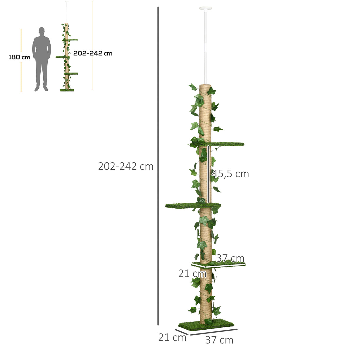 Arbre à chat poteau à griffer fixation plafond hauteur réglable 37 x 21 x 202- 242 cm 4 niveaux vert-2