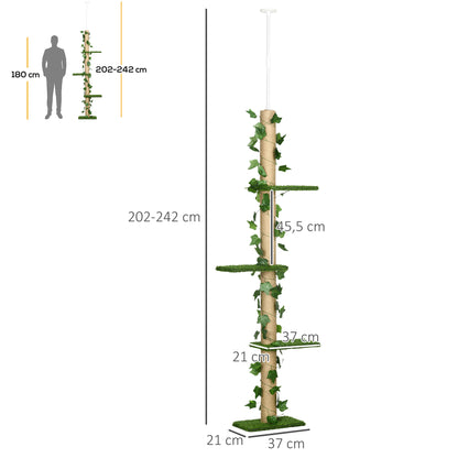 Arbre à chat poteau à griffer fixation plafond hauteur réglable 37 x 21 x 202- 242 cm 4 niveaux vert-2