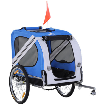 Remorque vélo pour chien animaux 8 réflecteurs drapeau barre attelage inclus 130 x 73 x 90 cm blanc et bleu-0
