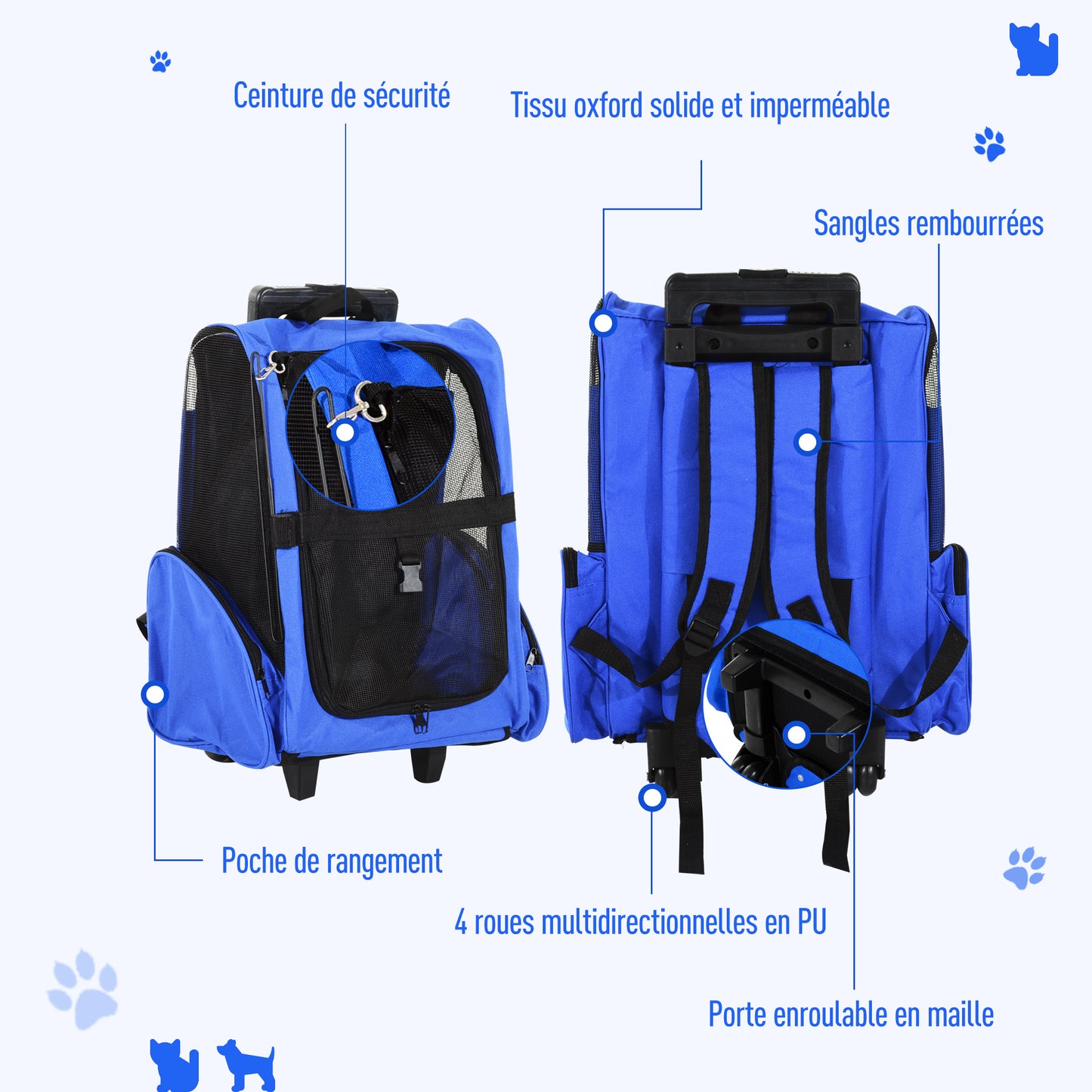 Sac de transport à roulettes pour chien 2 en 1 trolley chariot sac à dos pour chien chat avec poignée téléscopique, sacs de rangement, aérations, attache de sécurité, 42 x 25 x 55 cm, bleu-6