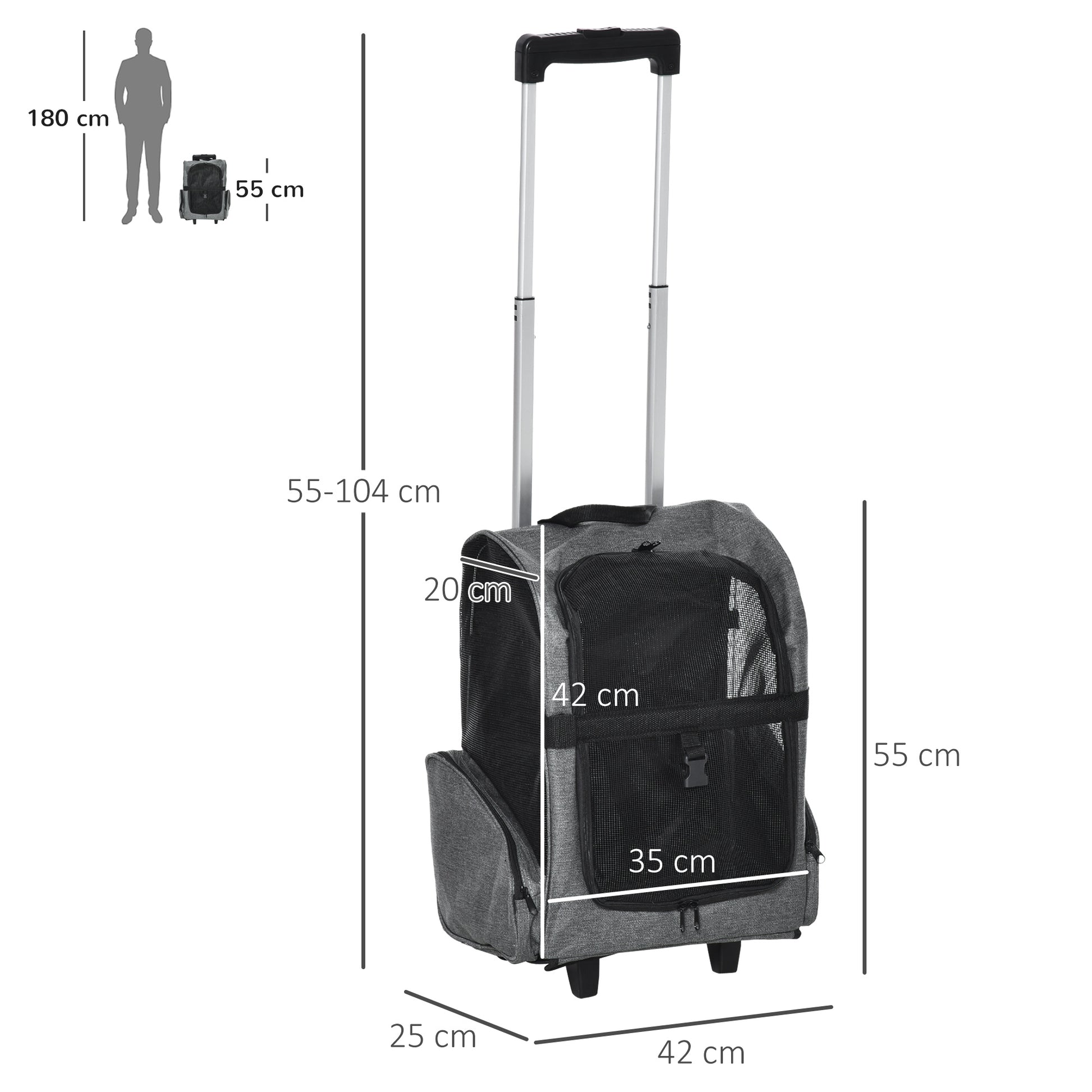 Sac de transport à roulettes pour chien 2 en 1 trolley chariot sac à dos pour chien chat avec poignée téléscopique, sacs de rangement, aérations, attache de sécurité, 42 x 25 x 55 cm, gris-2