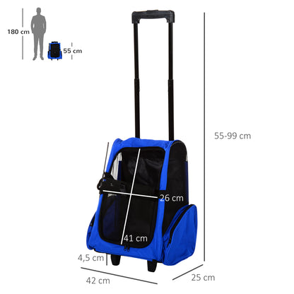 Sac de transport à roulettes pour chien 2 en 1 trolley chariot sac à dos pour chien chat avec poignée téléscopique, sacs de rangement, aérations, attache de sécurité, 42 x 25 x 55 cm, bleu-2