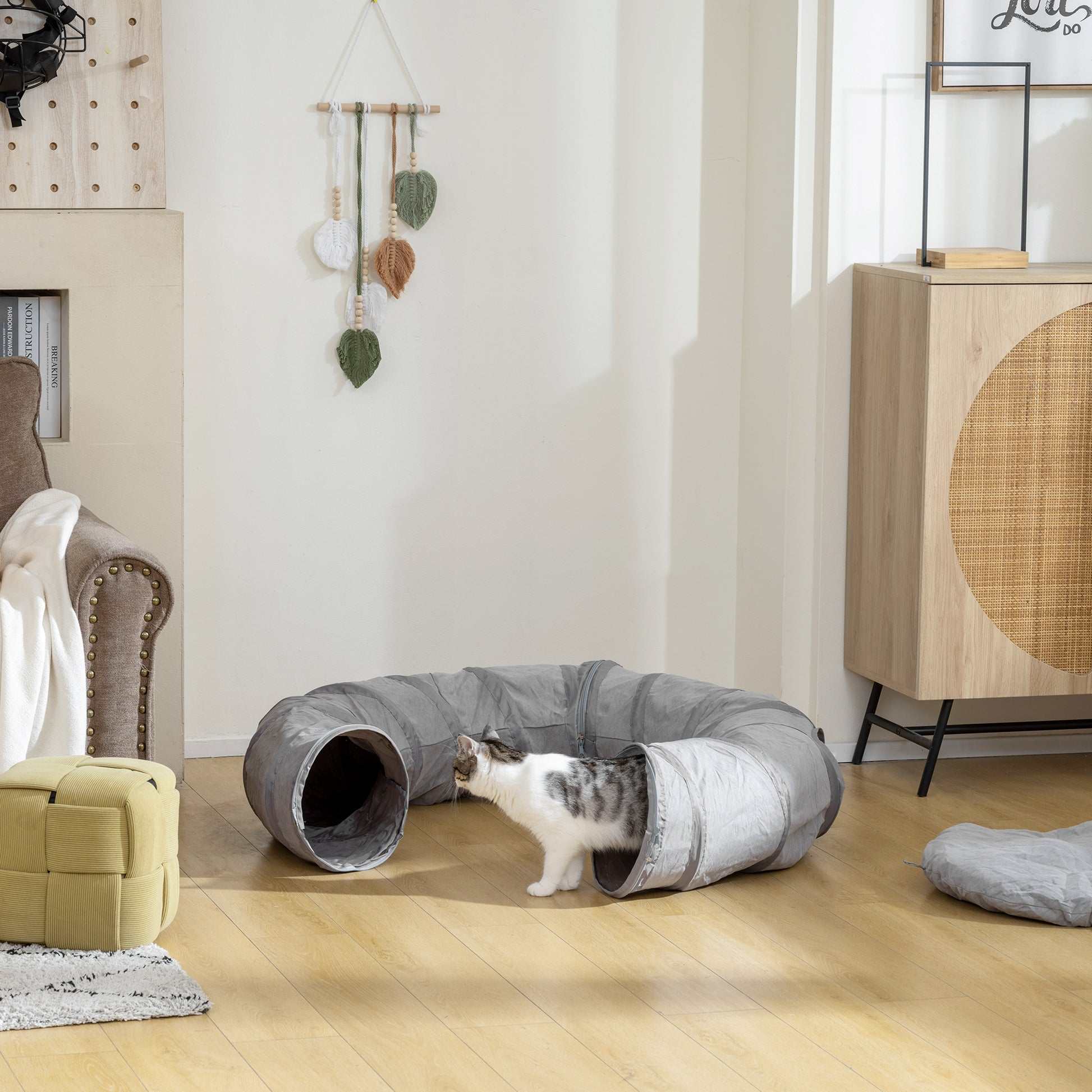 Tunnel pour chat intérieur rond tunnel avec lit et coussin, pliable, avec trous pour balles et judas, Ø 90 x 27 cm gris-7