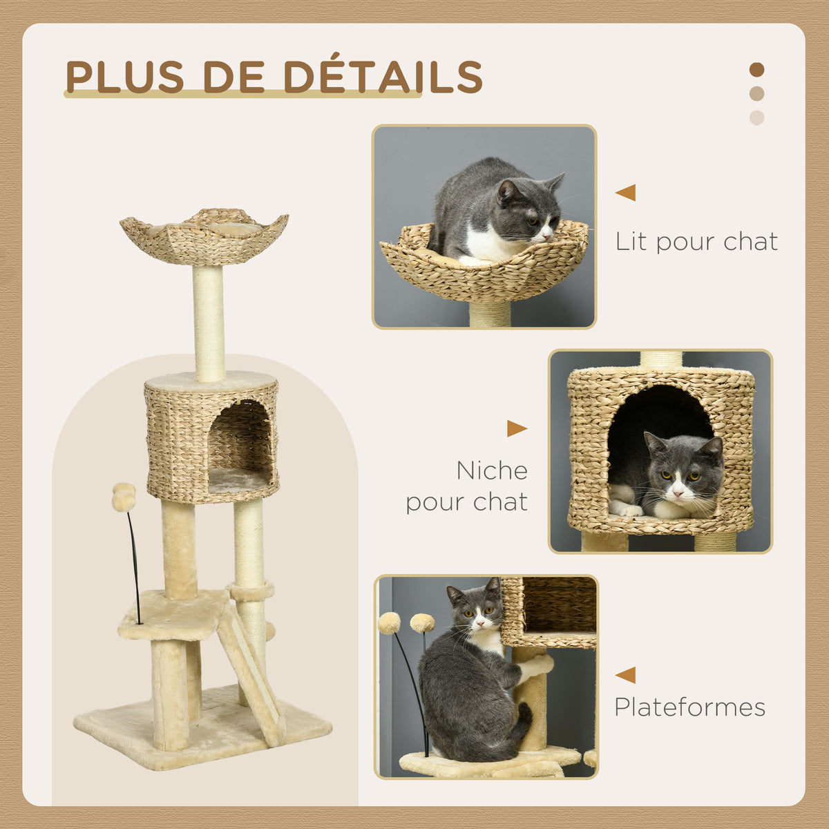 Arbre à chat hauteur 116 cm niche panier plateformes pompons en peluche et jacinthe d'eau - beige-5