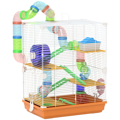 Cage pour hamster et gerbille à 5 étages, habitat sécurisé en grillage métallique avec tunnels, roue, maison et échelles, 46 x 30 x 58 cm, orange-0