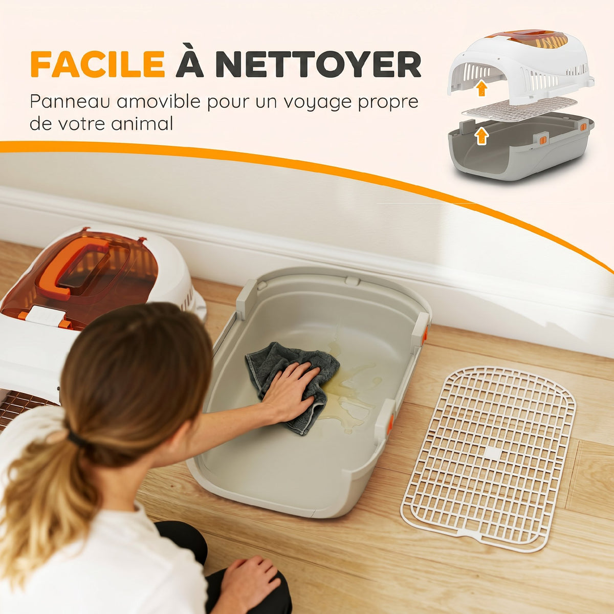 Caisse de transport chat et chien, cage de transport avec porte acier, bol de nourriture, 49 x 32 x 31 cm, gris et crème