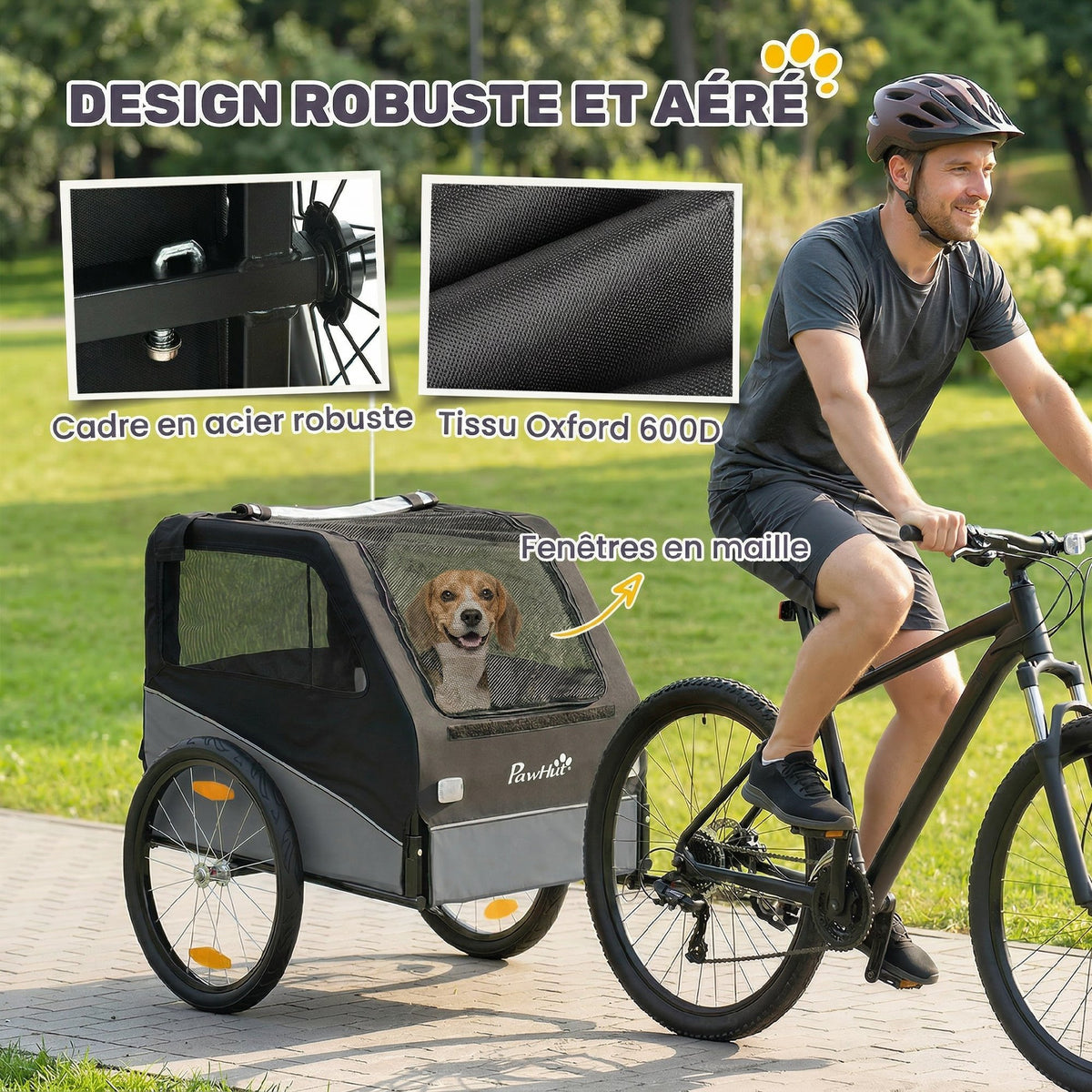 Remorque Vélo Chien avec Pneus 20", Attache Universelle, Réflecteurs, Drapeau, Laisse, 139x72x88cm, Gris et Noir-6