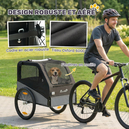 Remorque Vélo Chien avec Pneus 20", Attache Universelle, Réflecteurs, Drapeau, Laisse, 139x72x88cm, Gris et Noir-6