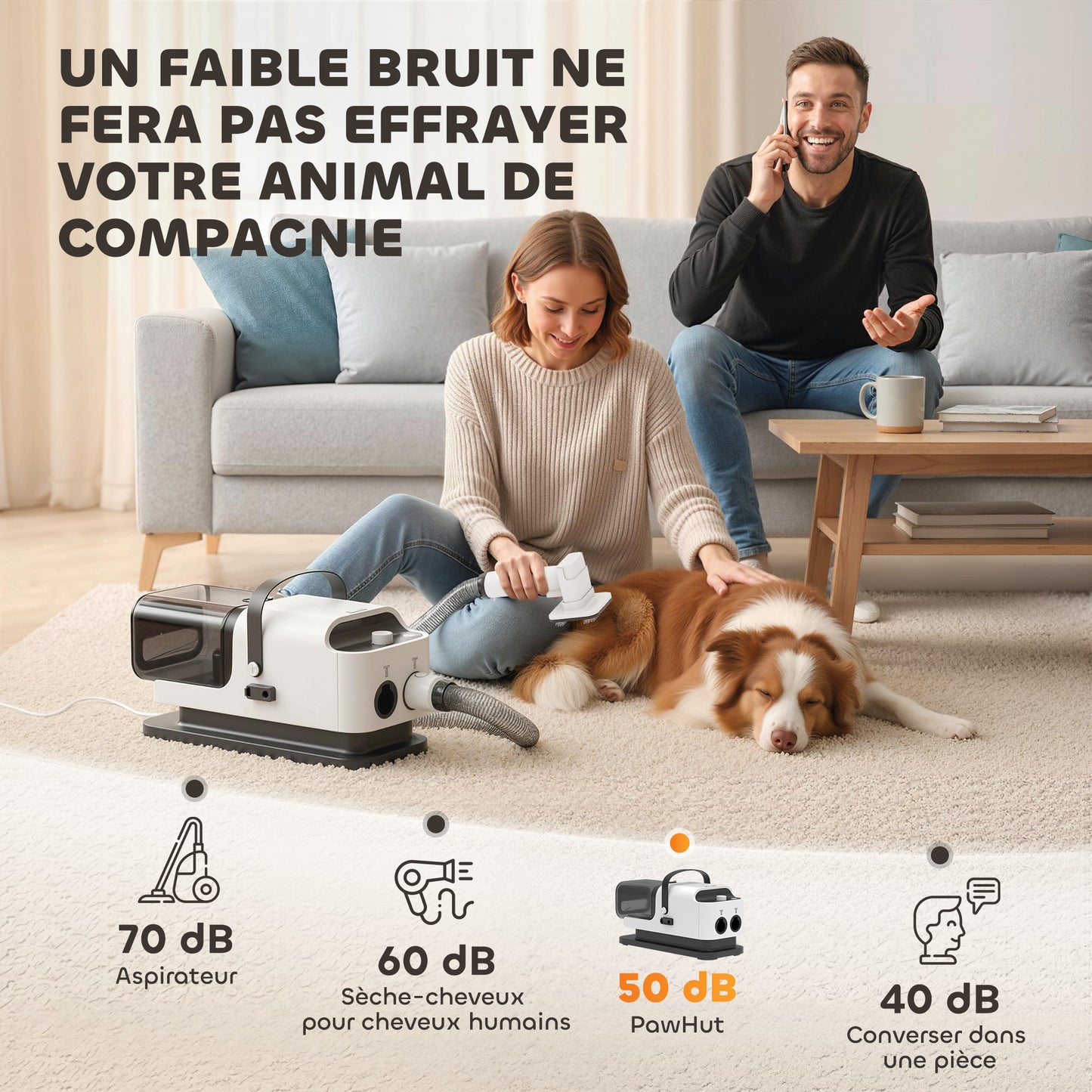 Aspirateur poil de chien et séchoir 5-en-1 kit toilettage chien professionnel 12kPa  50dB 37,6x17,5x18,5cm blanc