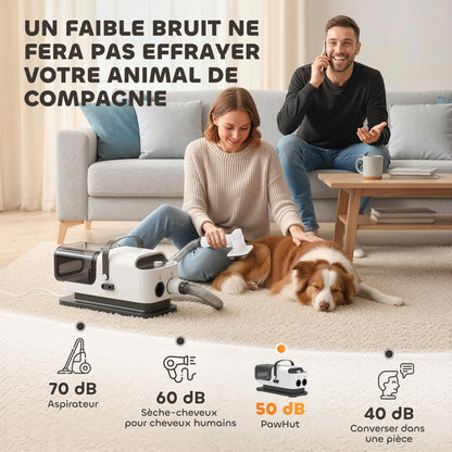 Aspirateur poil de chien et séchoir 5-en-1 kit toilettage chien professionnel 12kPa  50dB 37,6x17,5x18,5cm blanc