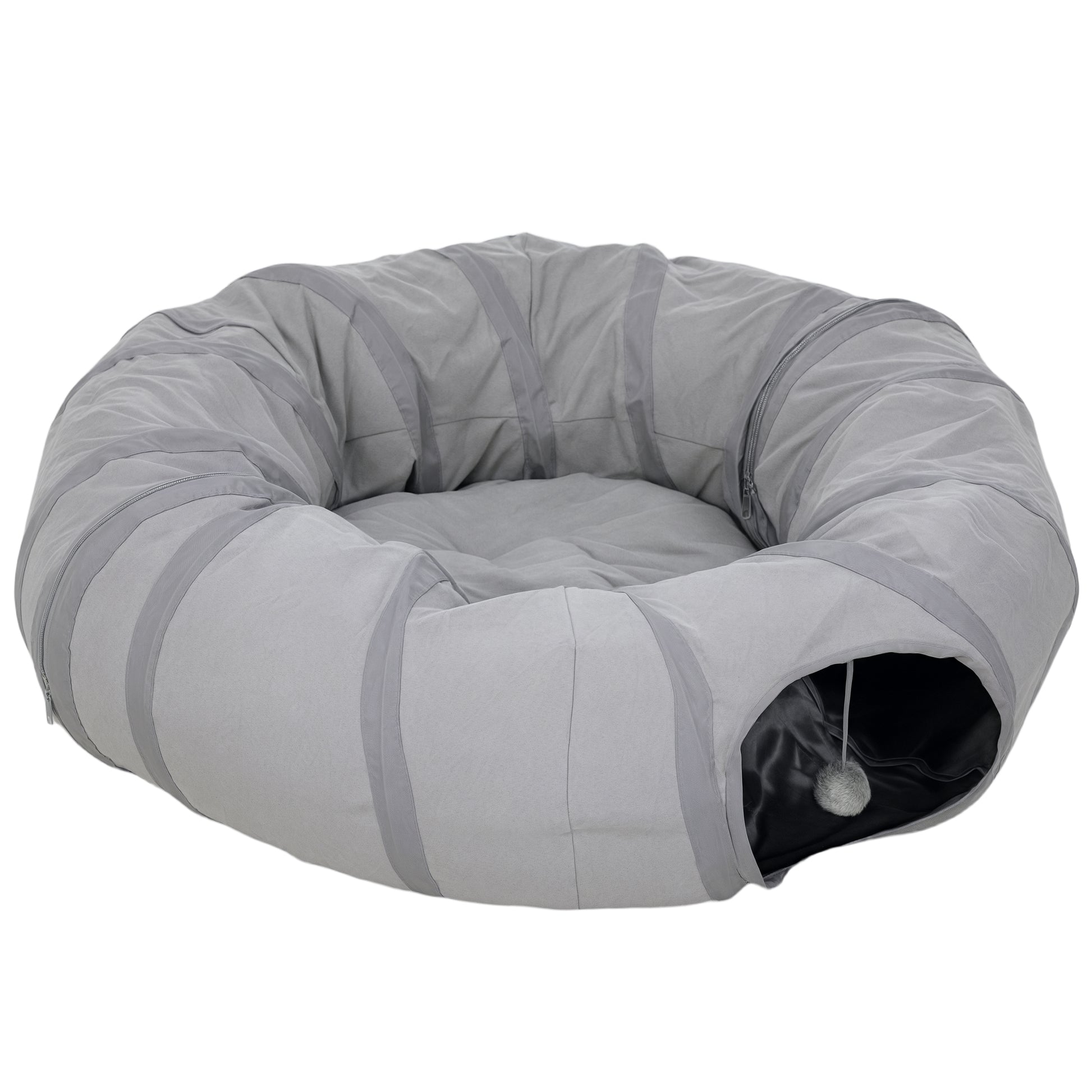 Tunnel pour chat intérieur rond tunnel avec lit et coussin, pliable, avec trous pour balles et judas, Ø 90 x 27 cm gris-0