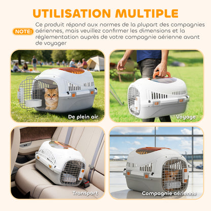 Caisse de transport chat et chien, cage de transport avec porte acier, bol de nourriture, 49 x 32 x 31 cm, gris et crème