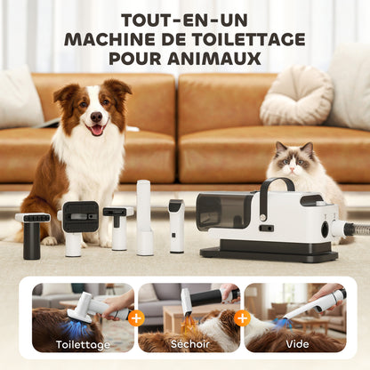 Aspirateur poil de chien et séchoir 5-en-1 kit toilettage chien professionnel 12kPa  50dB 37,6x17,5x18,5cm blanc
