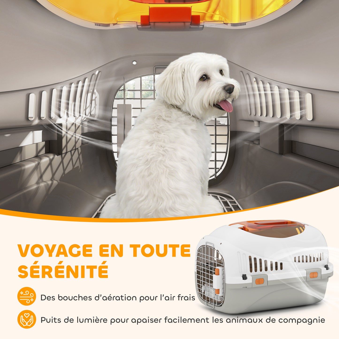 Caisse de transport chat et chien, cage de transport avec porte acier, bol de nourriture, 49 x 32 x 31 cm, gris et crème
