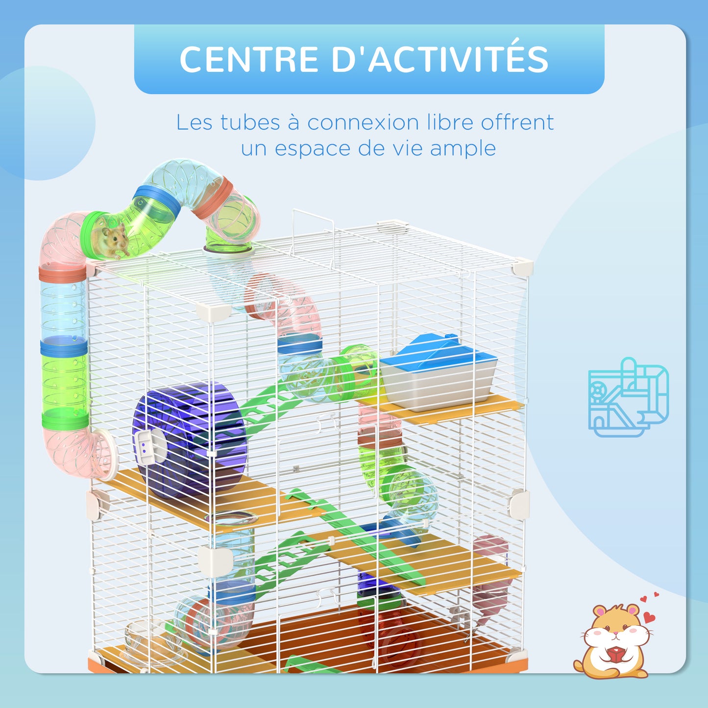 Cage pour hamster et gerbille à 5 étages, habitat sécurisé en grillage métallique avec tunnels, roue, maison et échelles, 46 x 30 x 58 cm, orange-3