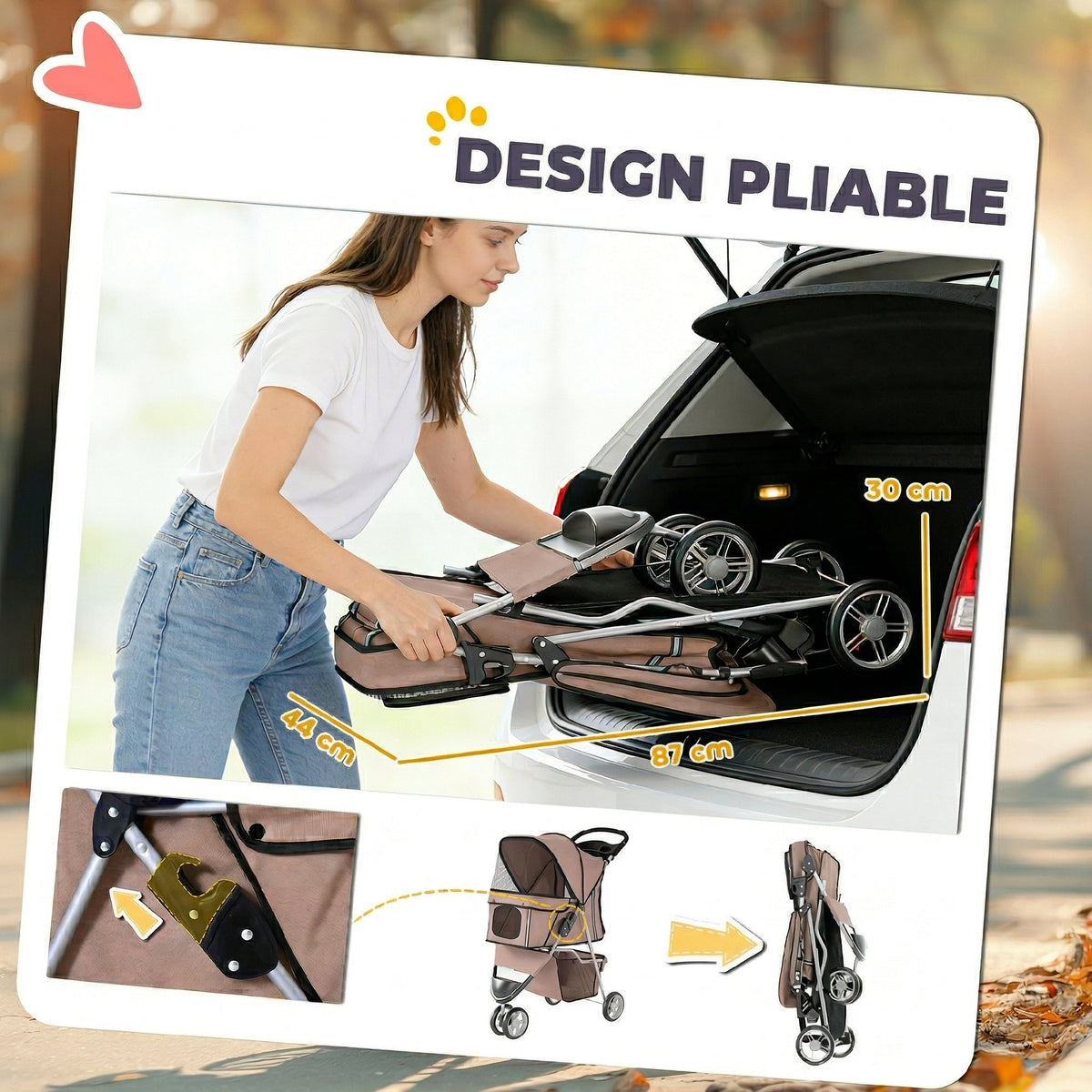 Poussette pour Chien 4 Roues, Chariot Pliable avec Auvent Réglable, Panier de Rangement, 77x44x102cm, Café-4
