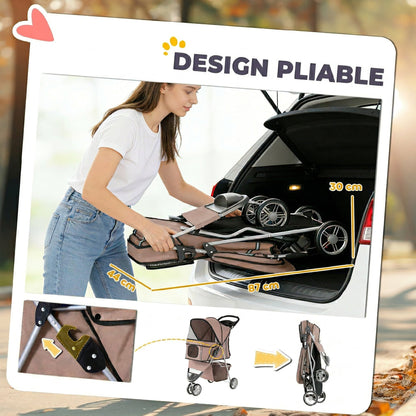 Poussette pour Chien 4 Roues, Chariot Pliable avec Auvent Réglable, Panier de Rangement, 77x44x102cm, Café-4