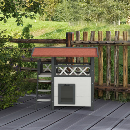 Cabane Chat Extérieur avec Terrasse, Escalier, Toit, Niche Villa, 77 x 50 x 73 cm Blanc et Rouge
