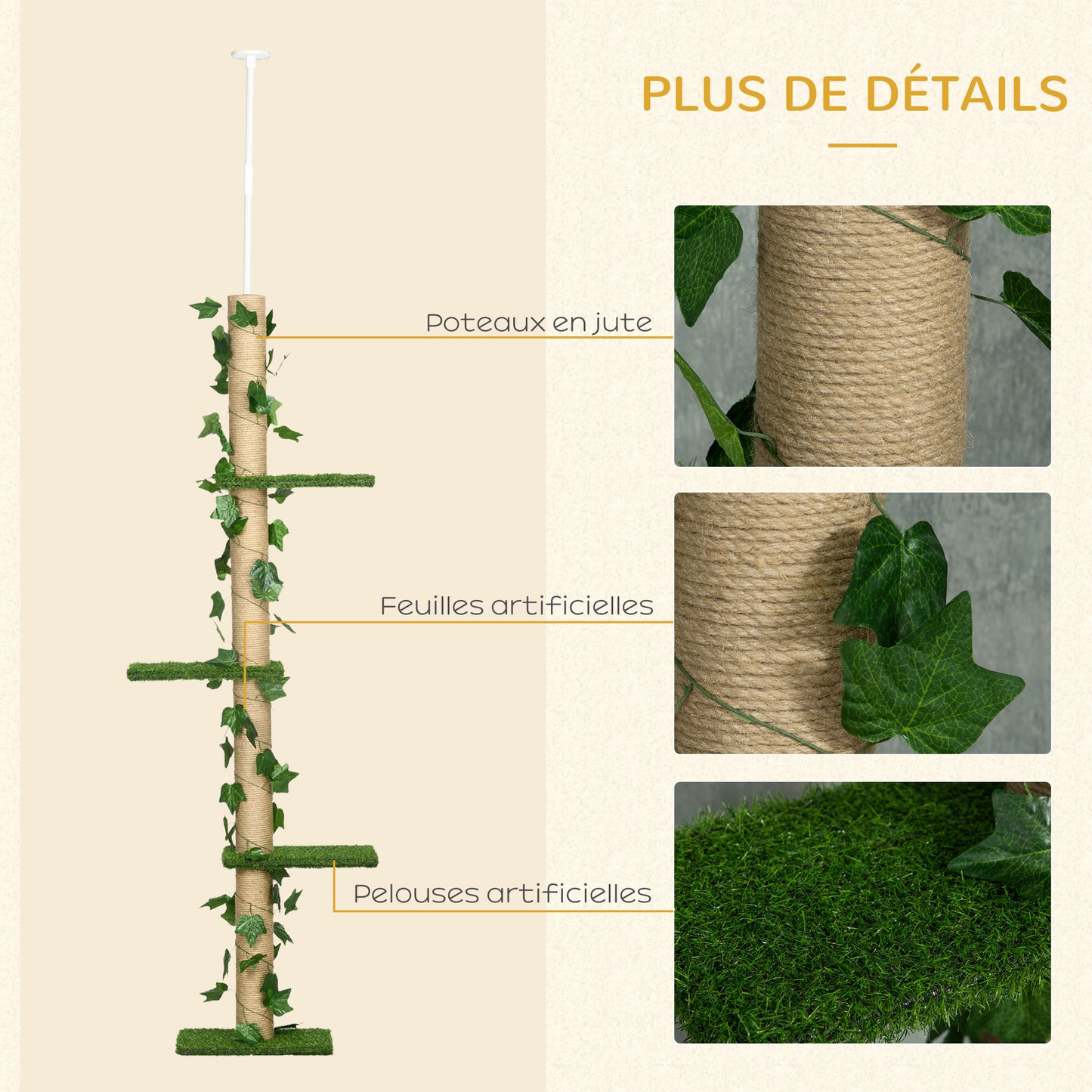 Arbre à chat poteau à griffer fixation plafond hauteur réglable 37 x 21 x 202- 242 cm 4 niveaux vert-5