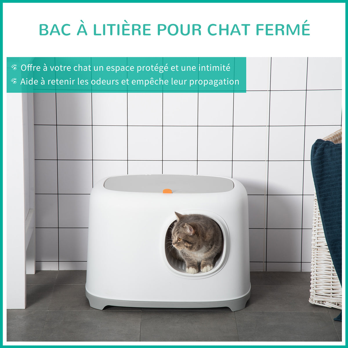 Bac à litière pour chat maison de toilette fermée avec couvercle et pelle, Plastique (PP), 55L x 40l x 39H cm, blanc-4