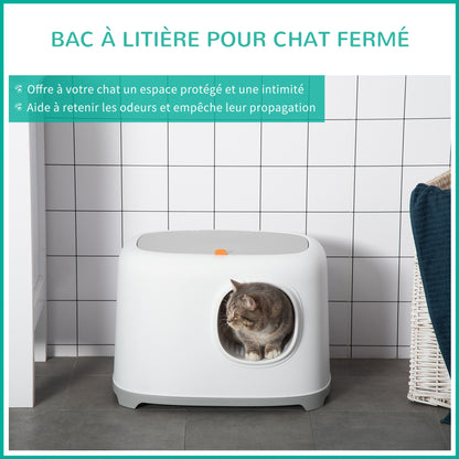Bac à litière pour chat maison de toilette fermée avec couvercle et pelle, Plastique (PP), 55L x 40l x 39H cm, blanc-4