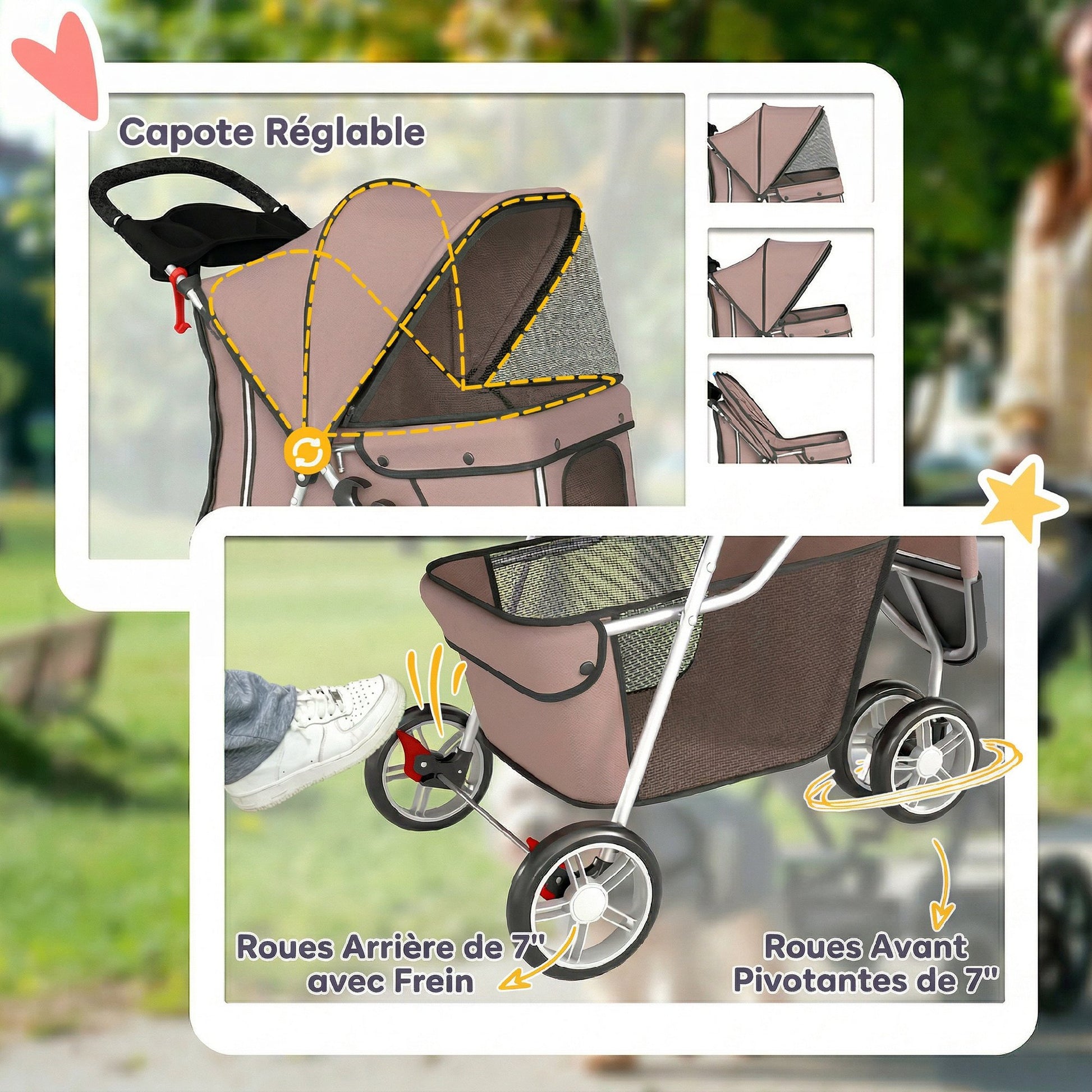 Poussette pour Chien 4 Roues, Chariot Pliable avec Auvent Réglable, Panier de Rangement, 77x44x102cm, Café-5