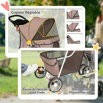 Poussette pour Chien 4 Roues, Chariot Pliable avec Auvent Réglable, Panier de Rangement, 77x44x102cm, Café-5