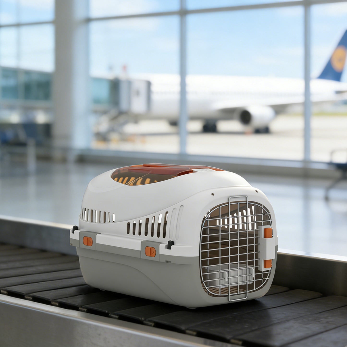 Caisse de transport chat et chien, cage de transport avec porte acier, bol de nourriture, 49 x 32 x 31 cm, gris et crème
