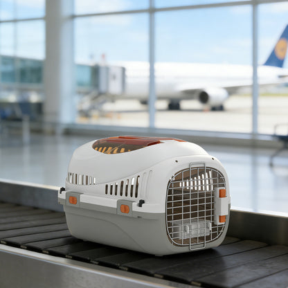 Caisse de transport chat et chien, cage de transport avec porte acier, bol de nourriture, 49 x 32 x 31 cm, gris et crème